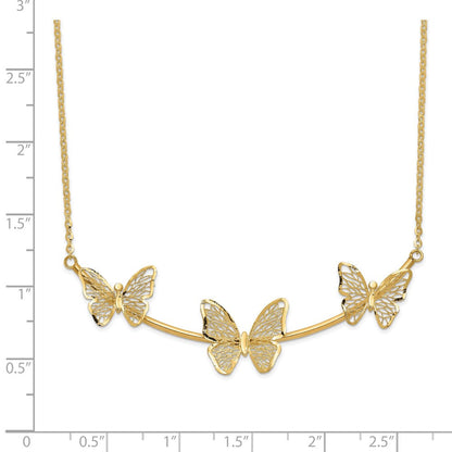 14K Gelbgold Poliert Filigran 3 Schmetterling Stab Halskette