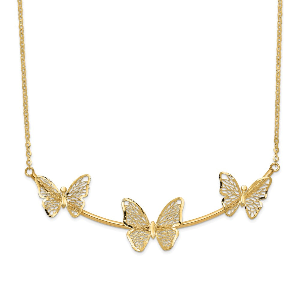 14K Gelbgold Poliert Filigran 3 Schmetterling Stab Halskette