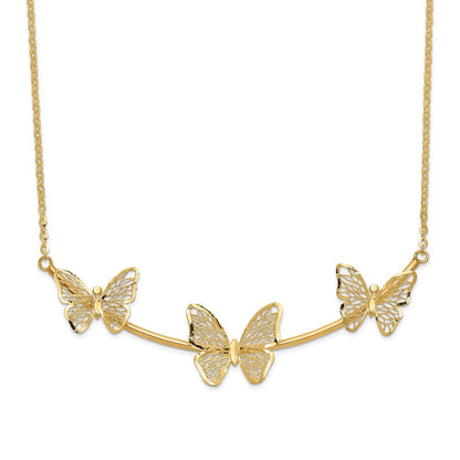 14K Gelbgold Poliert Filigran 3 Schmetterling Stab Halskette