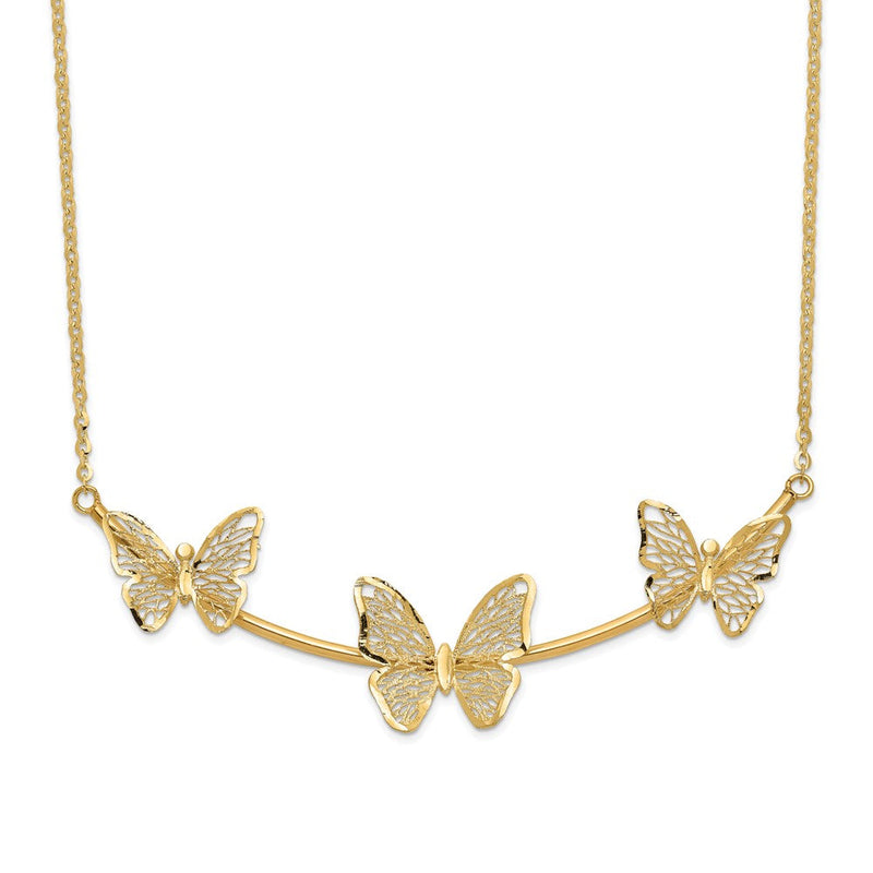 14K Gelbgold Poliert Filigran 3 Schmetterling Stab Halskette