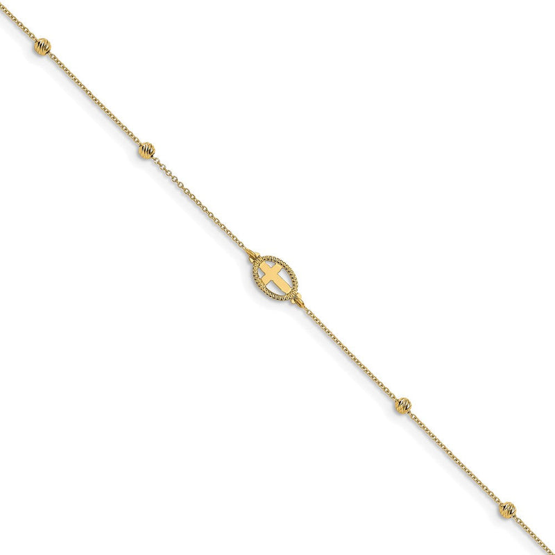14K Gelbgold Poliert Diamantiert Gekugelt Kreuz mit 1 Zoll Verlängerung. Fußkettchen