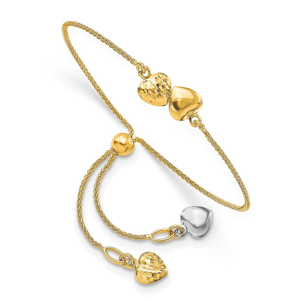 14K Bicolor Poliert Diamantiert Herz Verstellbar Armband