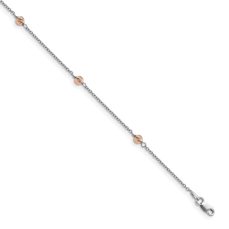 14K Weiß und Roségold Poliert Diamantiert Gekugelt mit 1 Zoll Verlängerung. Fußkettchen