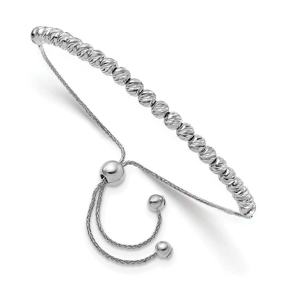 14K Weißgold Poliert Diamantiert Gekugelt Bolo Adj. Armband