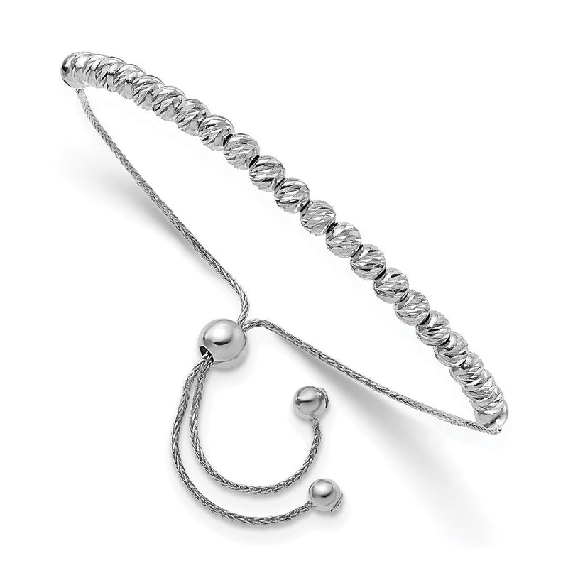 14K Weißgold Poliert Diamantiert Gekugelt Bolo Adj. Armband