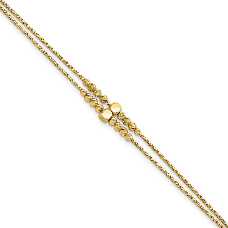 14K Gelbgold Poliert Diamantiert Gekugelt 2 Strang mit 1 Zoll Verlängerung Armband