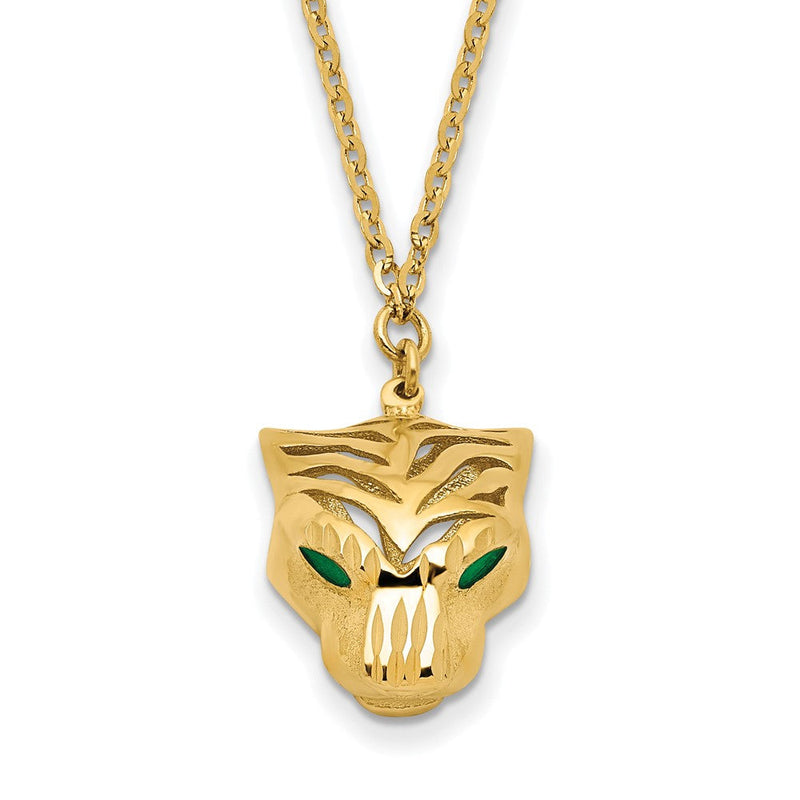 14K Gelbgold Poliert Diamantiert Grün Emaille Tiger Halskette