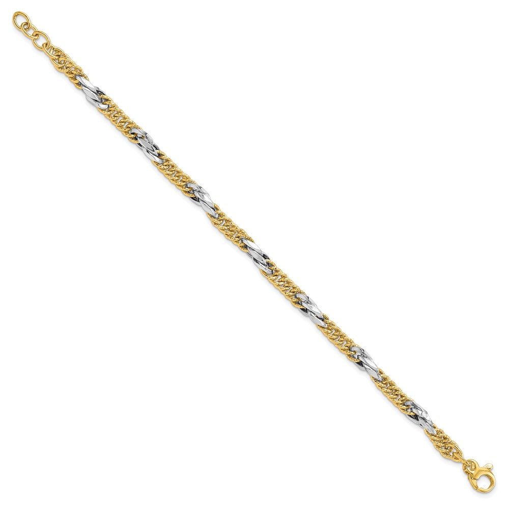 14K Bicolor Poliert Diamantiert Glieder Mit. Verlängerung. Gliederarmband