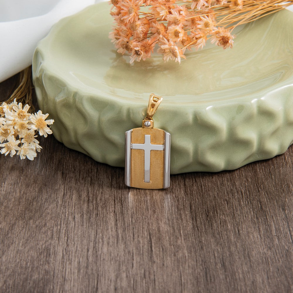 14K Bicolor Gebürstet Kreuz Erkennungsmarke Anhänger
