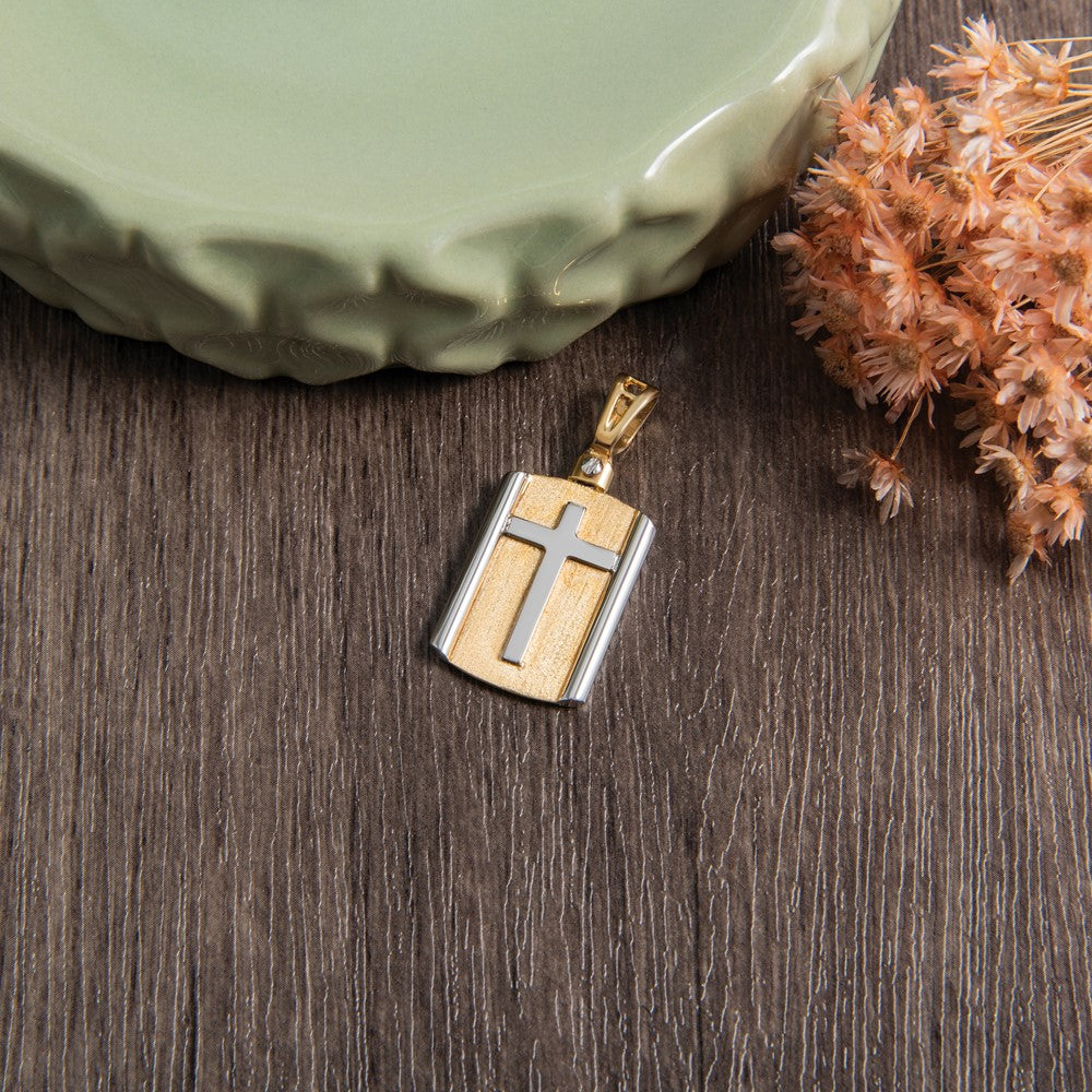 14K Bicolor Gebürstet Kreuz Erkennungsmarke Anhänger