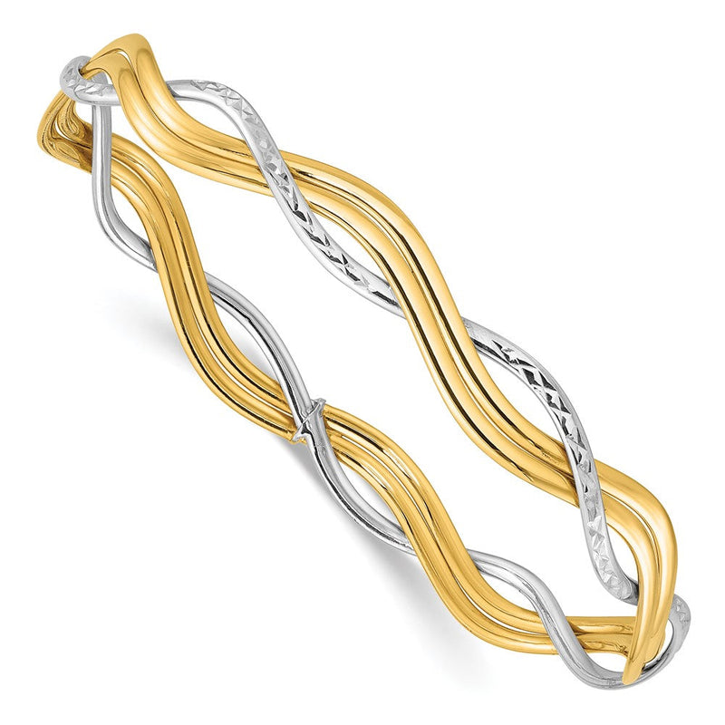 14K Gelb & Rhodium Poliert und Diamant Schliff Geflochten Schieber auf Armreif