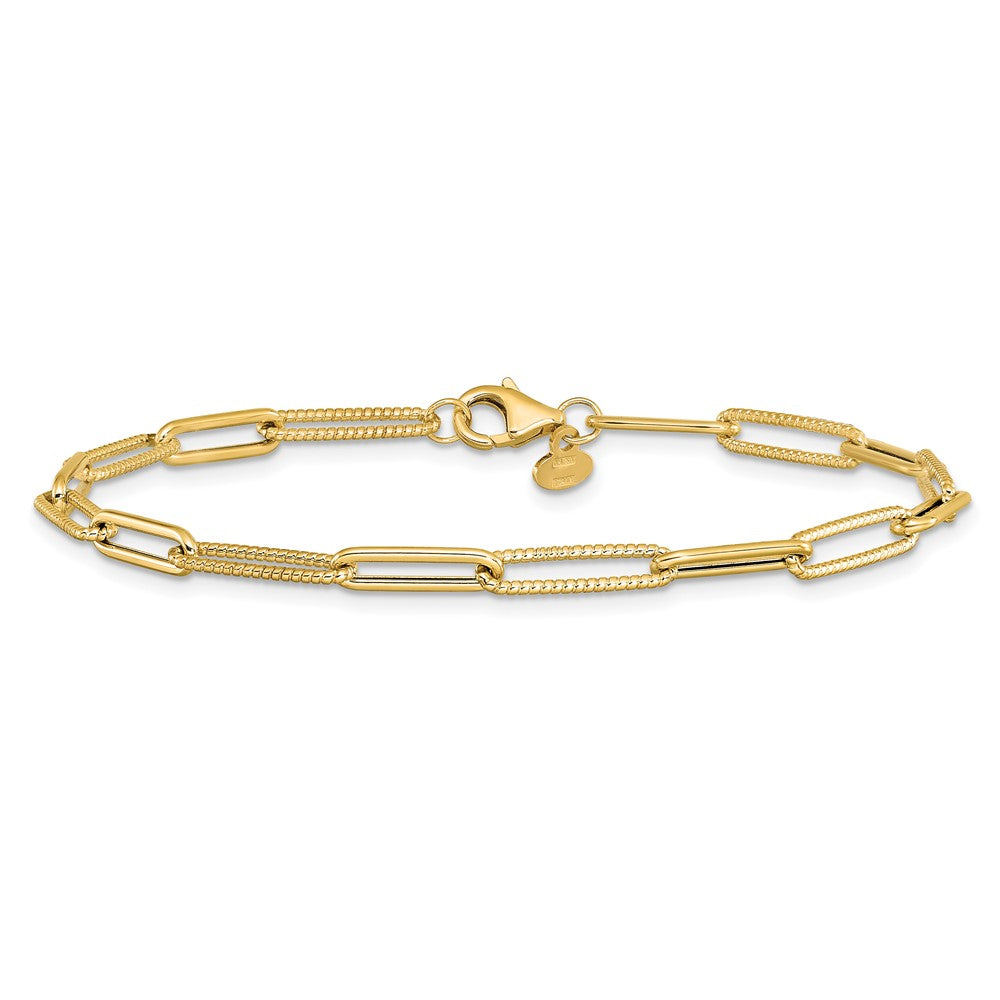 14K Gelbgold Poliert und Strukturiert Büroklammer Glieder Gliederarmband