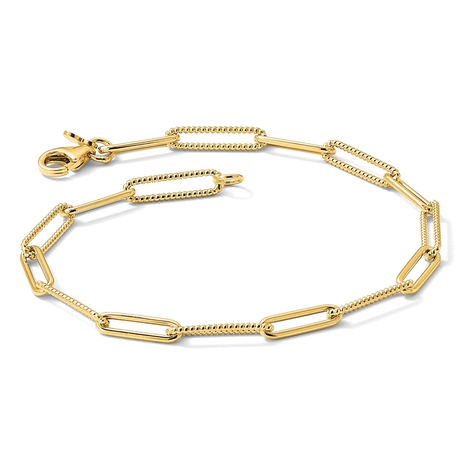 14K Gelbgold Poliert und Strukturiert Büroklammer Glieder Gliederarmband