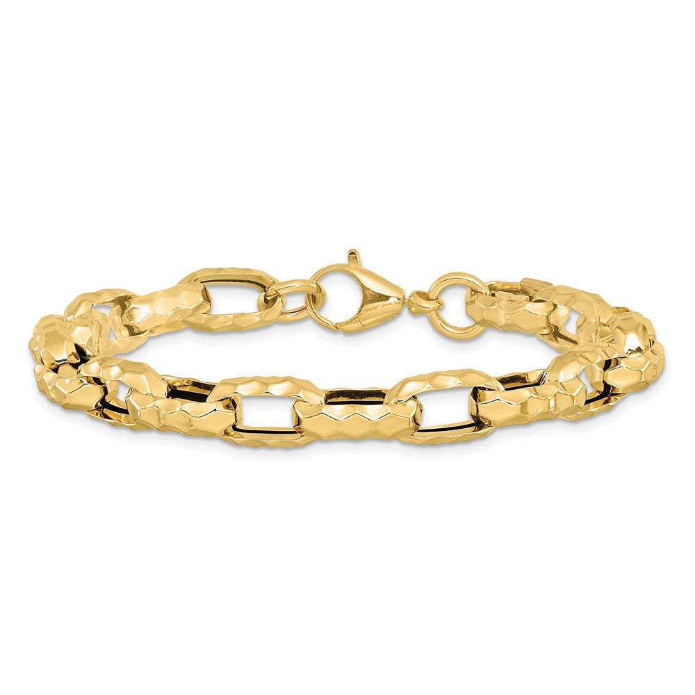 14K Gelbgold Poliert Hohl Gehämmert Glieder Armband