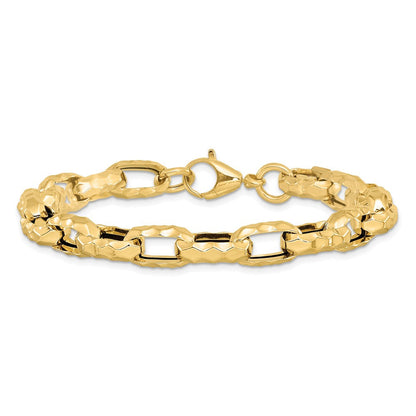 14K Gelbgold Poliert Hohl Gehämmert Glieder Armband