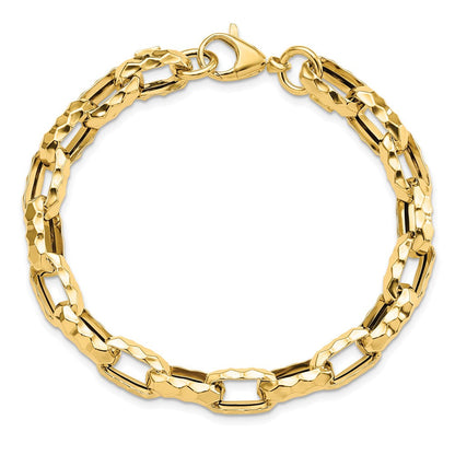 14K Gelbgold Poliert Hohl Gehämmert Glieder Armband