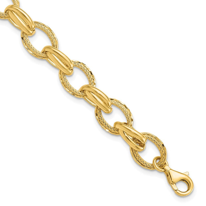 14K Gelbgold Poliert/textured und Diamantiert Fantasieglieder Armband