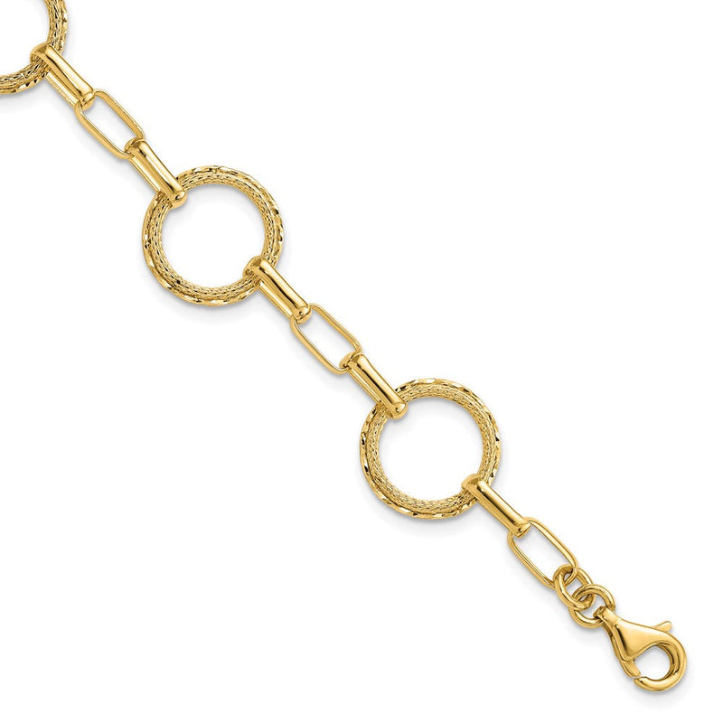 14K Gelbgold Poliert/dia Schliff/textured Kreise Fantasieglieder Armband