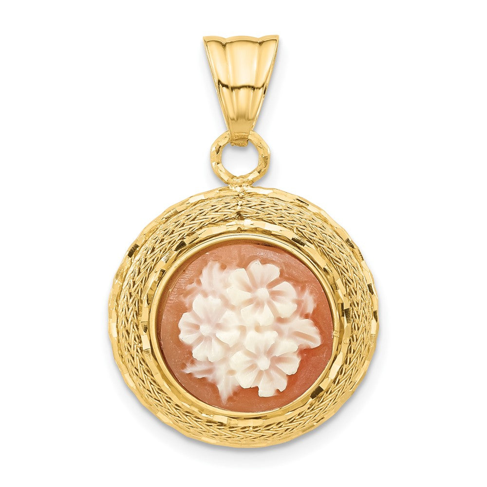 14K Gelbgold Diamantiert Natürlich Muschel Blumen Cameo Anhänger