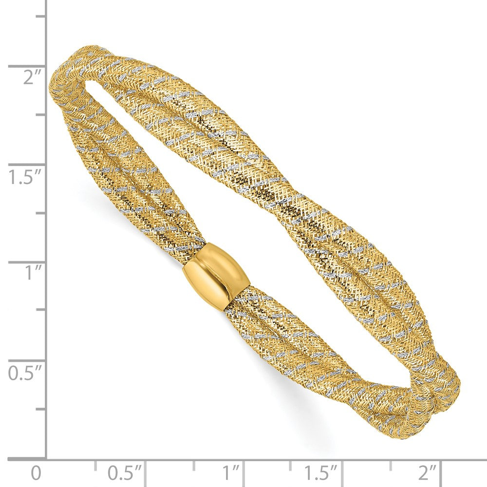 14K Gelb & Rhodium mit Poliert 2 Strang Gedreht Dehnbar Armreif