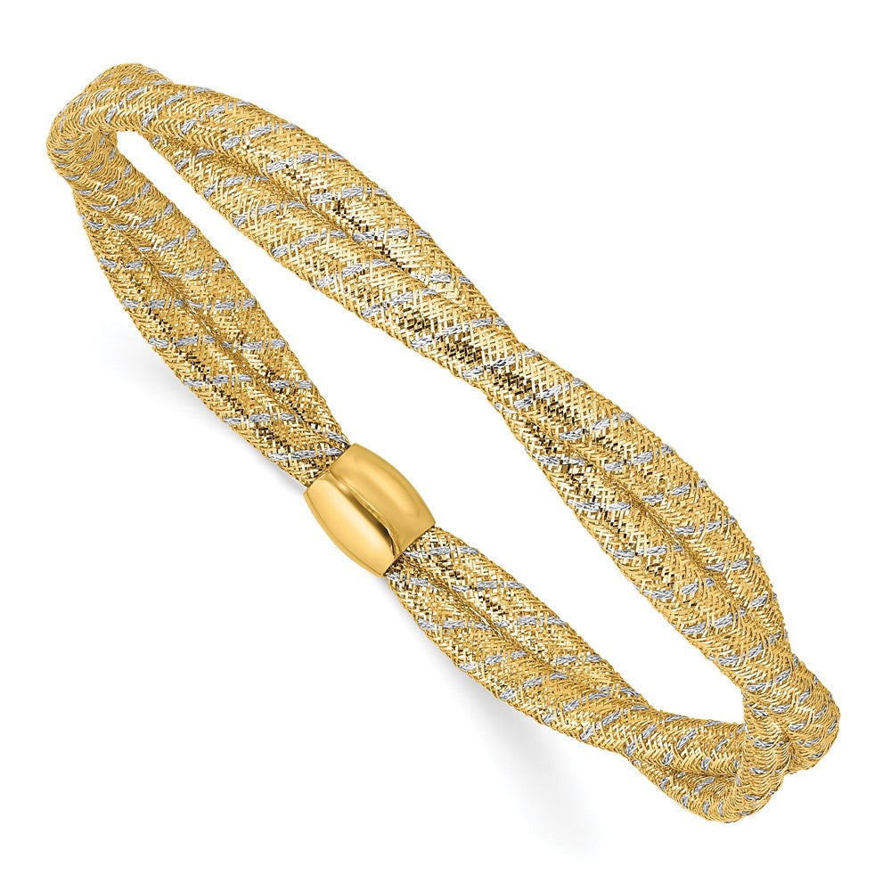 14K Gelb & Rhodium mit Poliert 2 Strang Gedreht Dehnbar Armreif