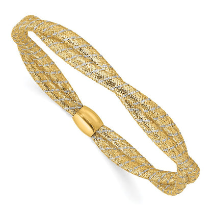 14K Gelb & Rhodium mit Poliert 2 Strang Gedreht Dehnbar Armreif