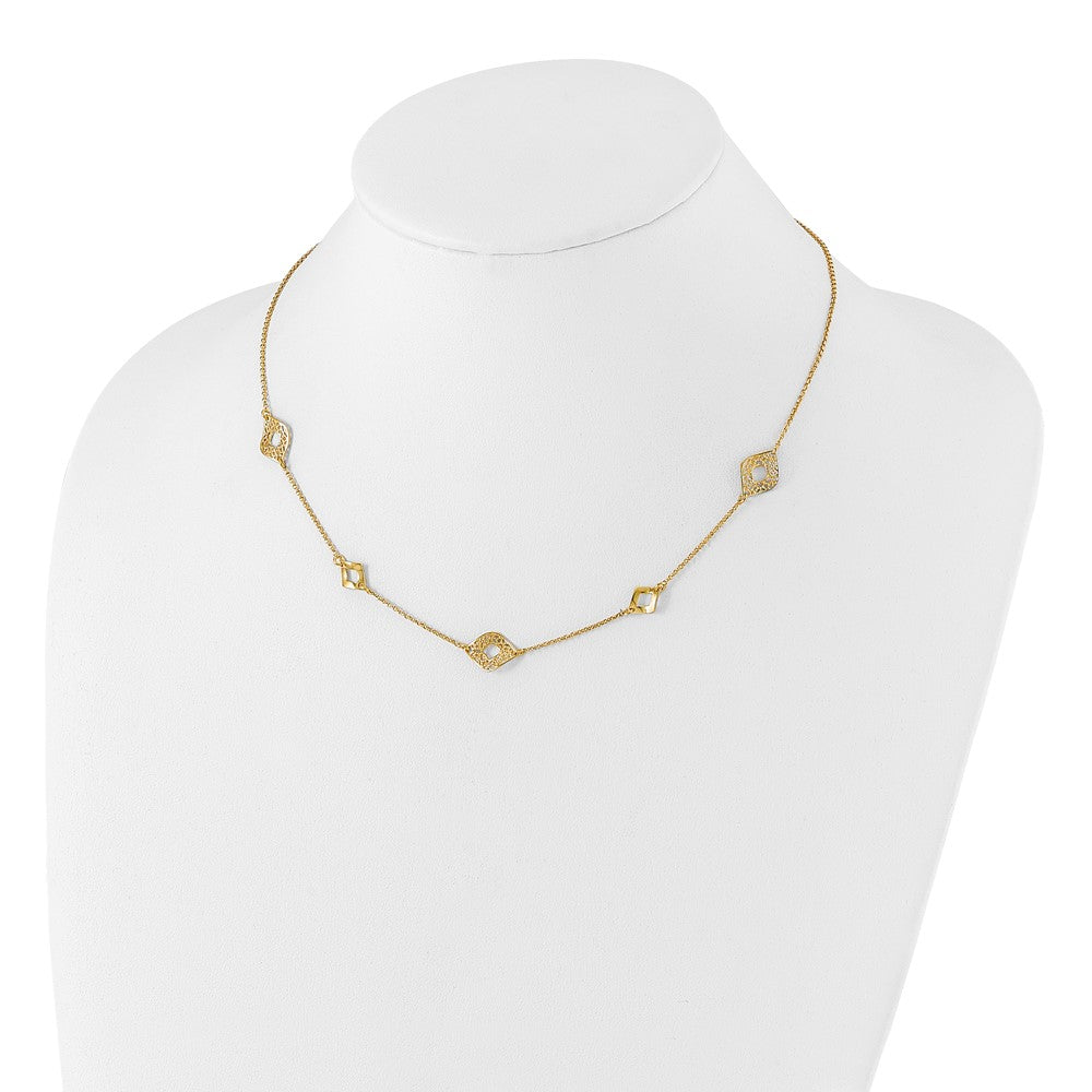 14K Gelbgold Poliert und Filigran Diamant Form mit 1 Zoll. Verlängerung. Halskette