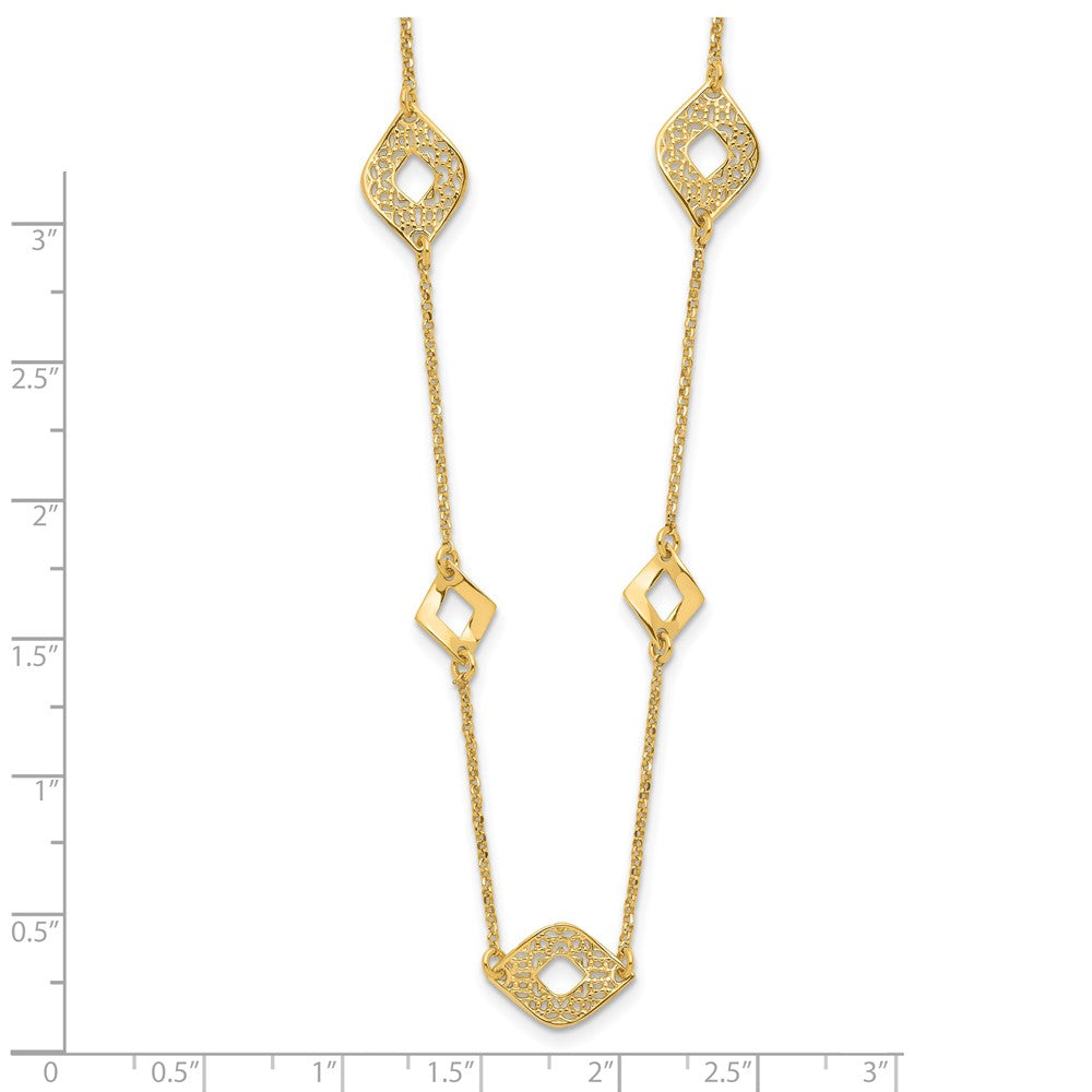 14K Gelbgold Poliert und Filigran Diamant Form mit 1 Zoll. Verlängerung. Halskette