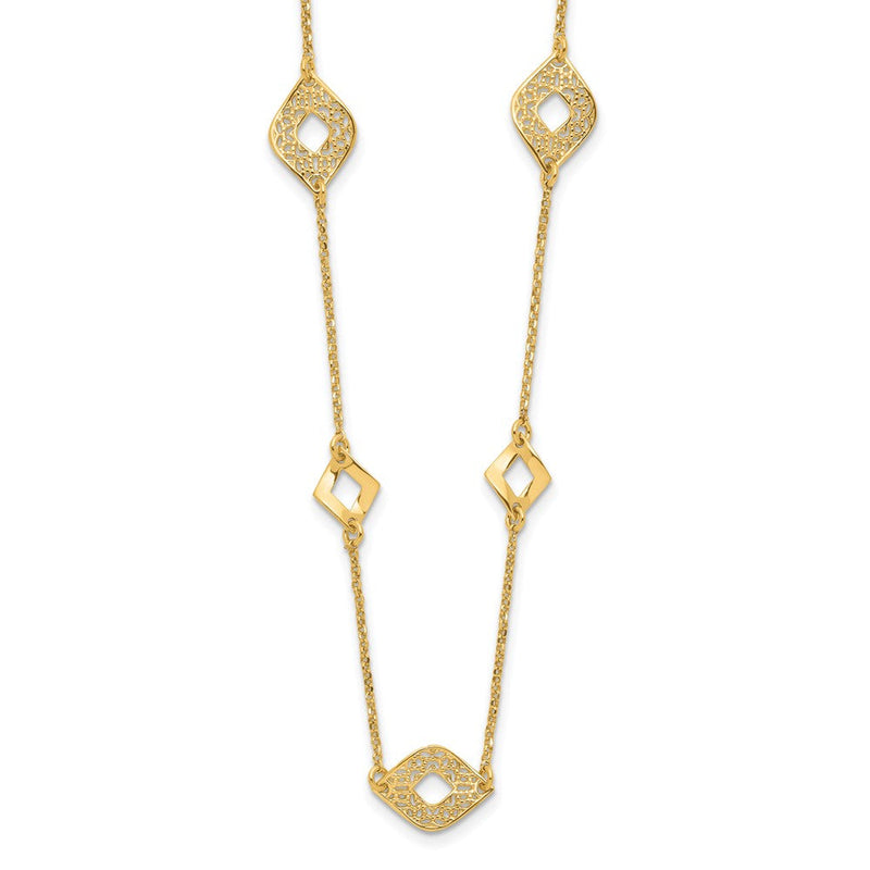 14K Gelbgold Poliert und Filigran Diamant Form mit 1 Zoll. Verlängerung. Halskette