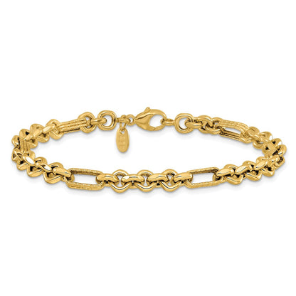 14K Gelbgold Poliert und Strukturiert Fantasieglieder Gliederarmband