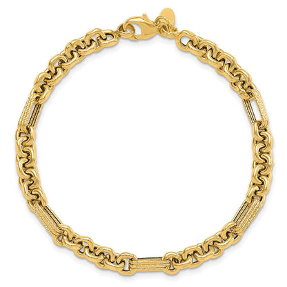 14K Gelbgold Poliert und Strukturiert Fantasieglieder Gliederarmband