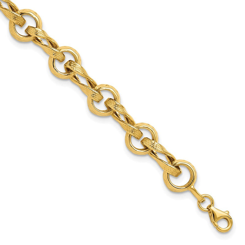 14K Gelbgold Poliert und Strukturiert Fantasieglieder Gliederarmband
