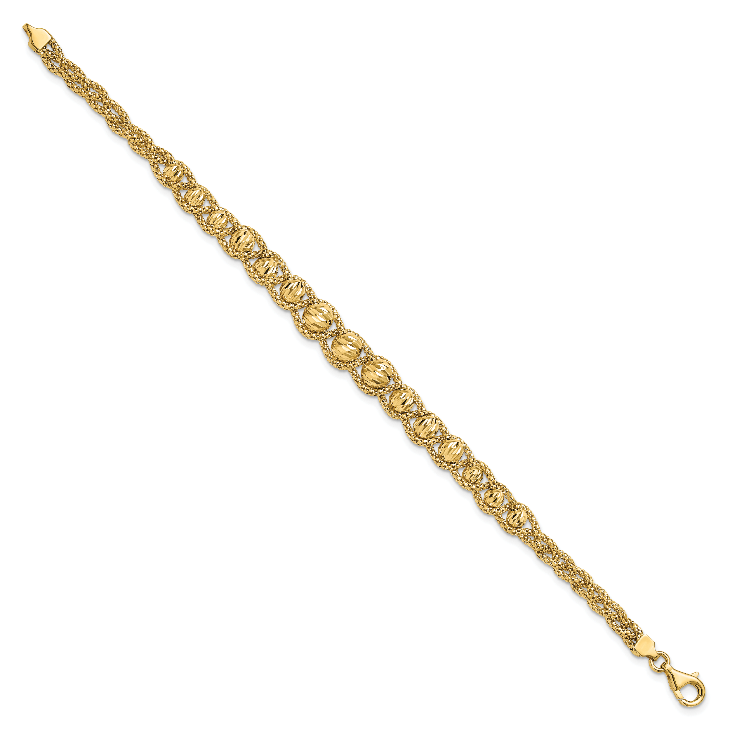 14K Gelbgold Poliert Strukturiert und Diamantiert Gekugelt Armband