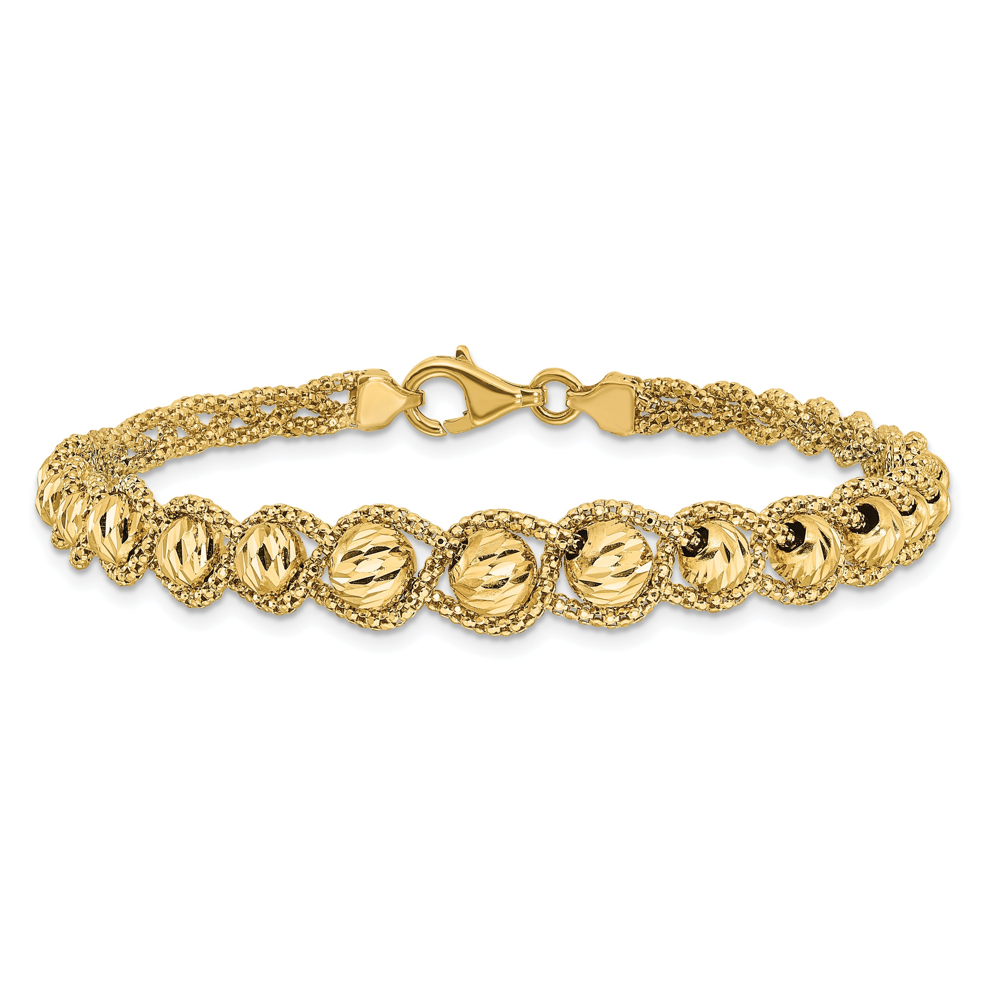 14K Gelbgold Poliert Strukturiert und Diamantiert Gekugelt Armband