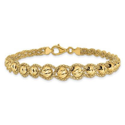 14K Gelbgold Poliert Strukturiert und Diamantiert Gekugelt Armband