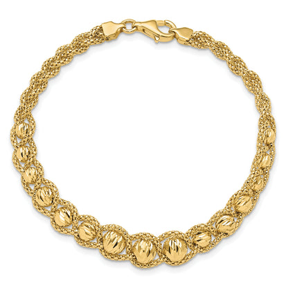 14K Gelbgold Poliert Strukturiert und Diamantiert Gekugelt Armband
