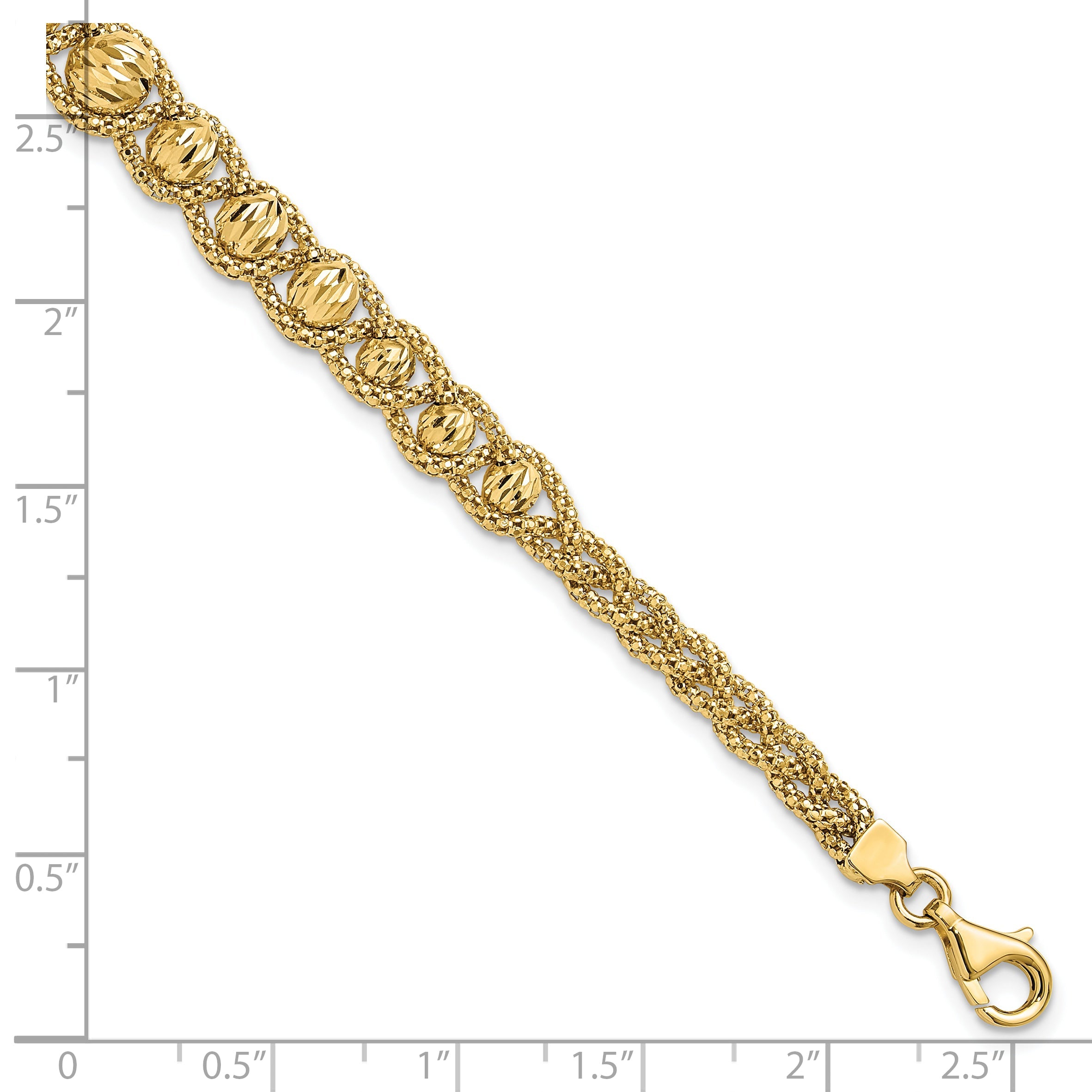 14K Gelbgold Poliert Strukturiert und Diamantiert Gekugelt Armband