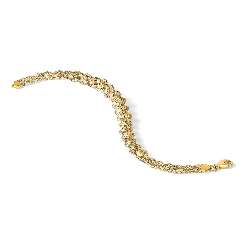 14K Gelbgold Poliert Strukturiert und Diamantiert Gekugelt Armband