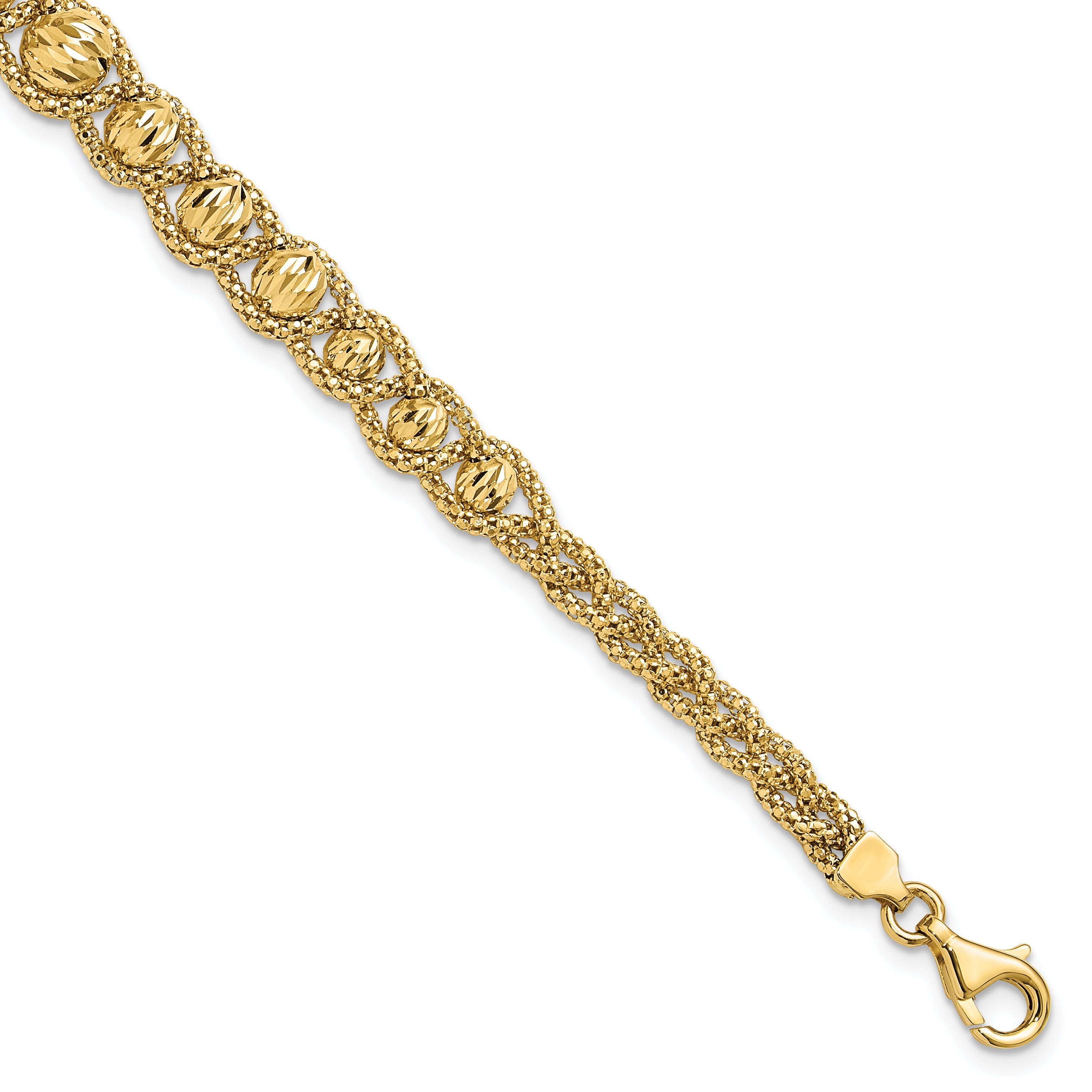 14K Gelbgold Poliert Strukturiert und Diamantiert Gekugelt Armband