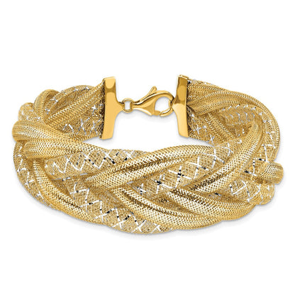 14K Gelb & Rhodium Geflochten Netz Dehnbar Gliederarmband