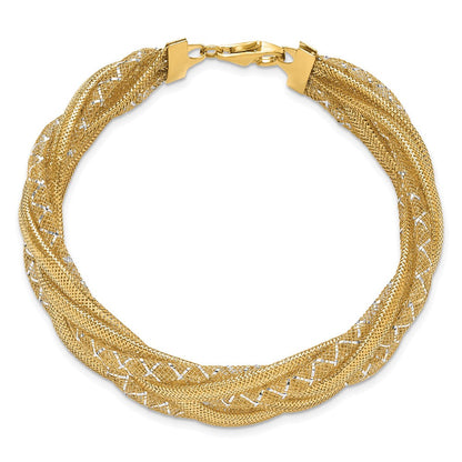 14K Gelb & Rhodium Geflochten Netz Dehnbar Gliederarmband