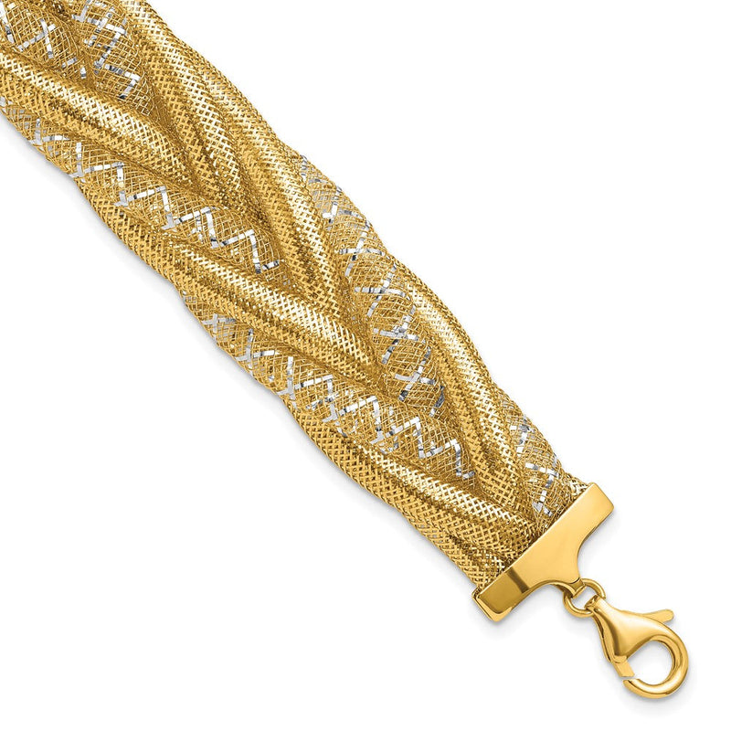 14K Gelb & Rhodium Geflochten Netz Dehnbar Gliederarmband