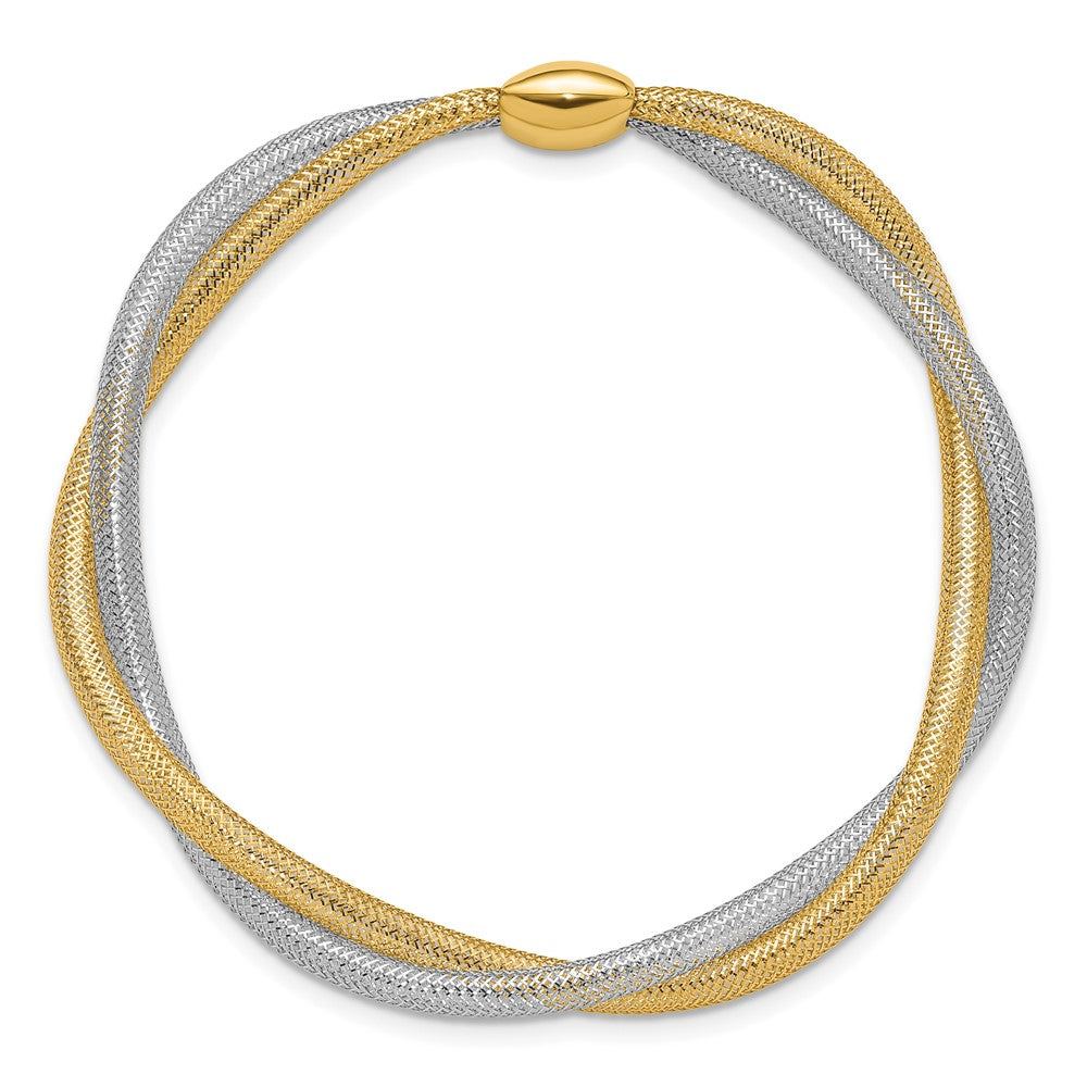 14K Gelb & Rhodium Netz Gedreht Schieber auf Dehnbar Armband
