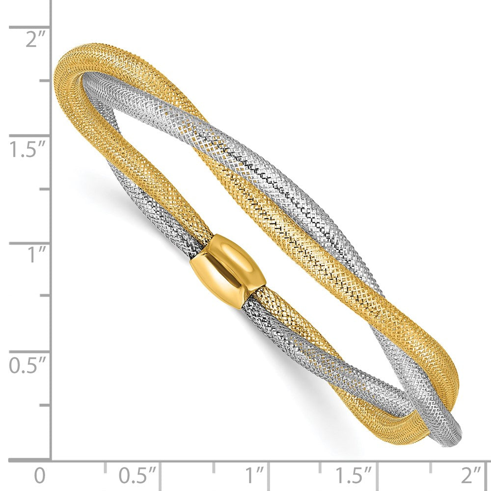 14K Gelb & Rhodium Netz Gedreht Schieber auf Dehnbar Armband