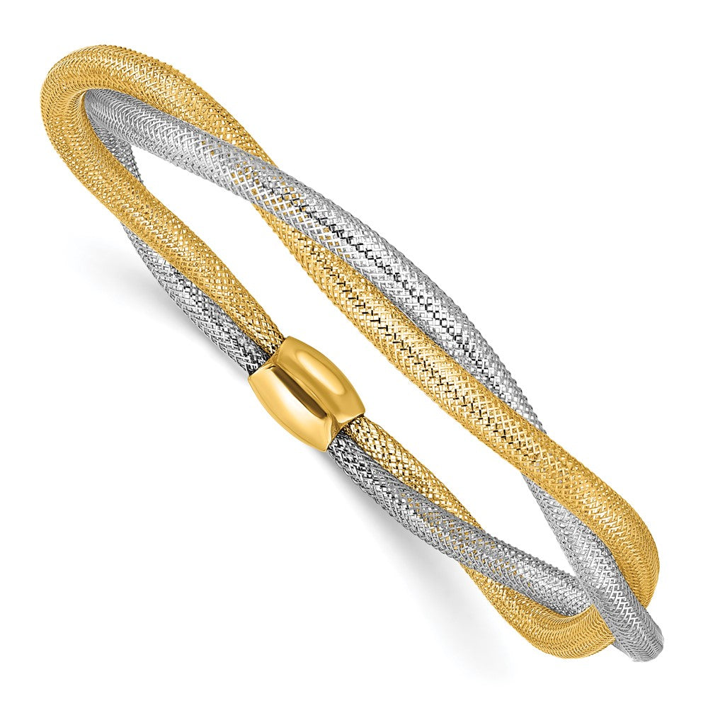 14K Gelb & Rhodium Netz Gedreht Schieber auf Dehnbar Armband