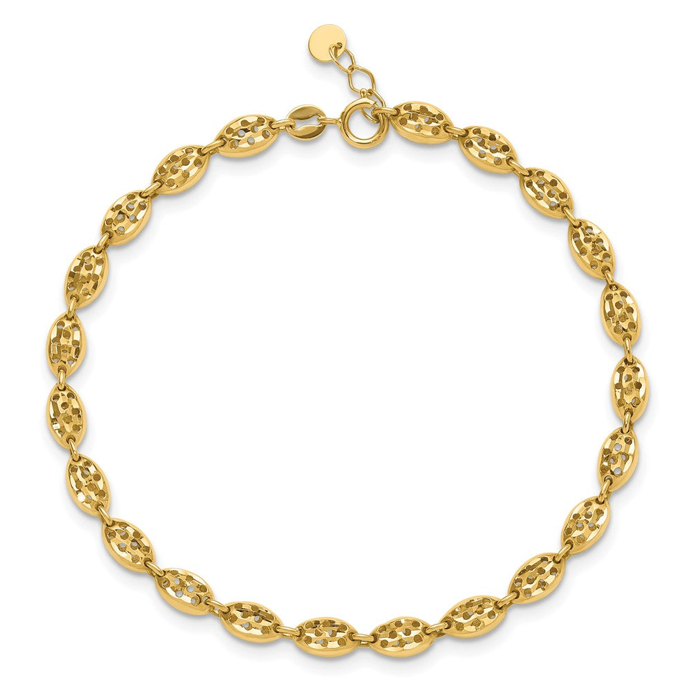 14K Gelbgold Poliert und Diamantiert Fantasie Oval Glieder Mit. Verlängerung. Gliederarmband