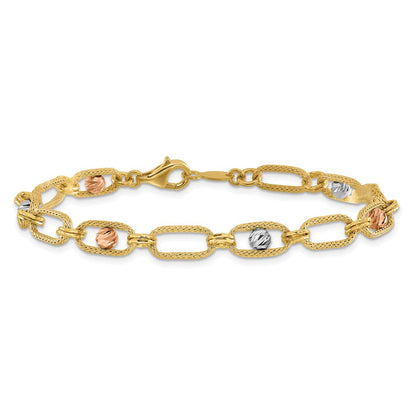 14K Tricolor Poliert/textured/dia Schliff Fantasieglieder Armband