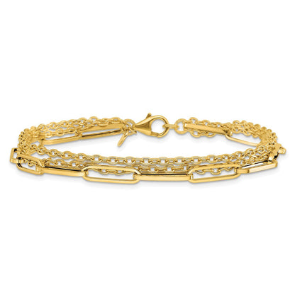14K Gelbgold Poliert 3 Strang Fantasieglieder Armband