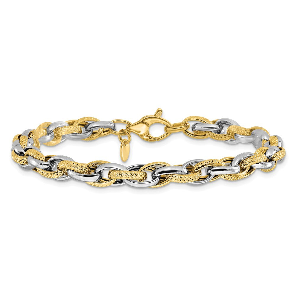 14K Bicolor Poliert und Strukturiert Fantasieglieder Armband