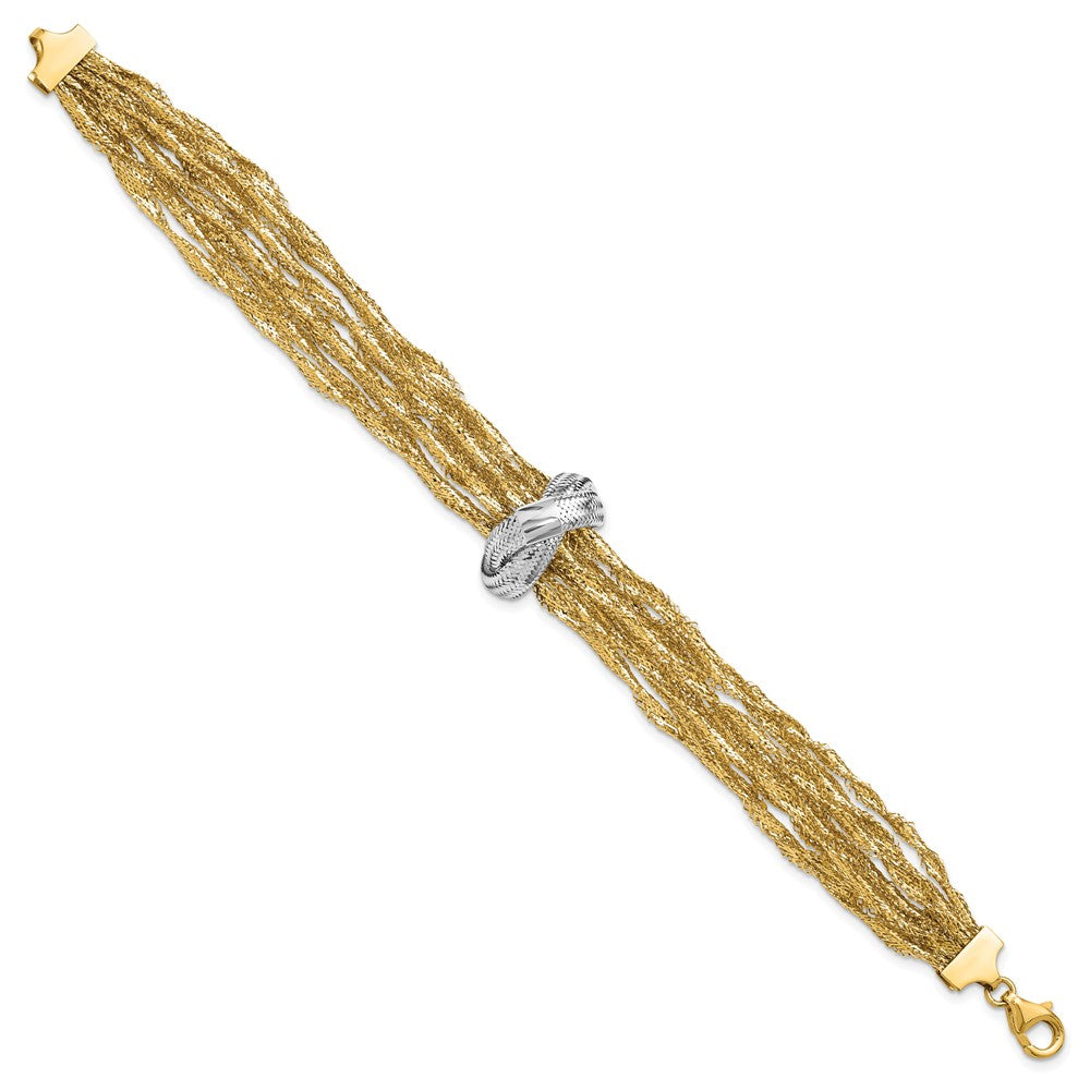 14K Gelb & Rhodium mit Poliert Knoten Netz Multi Strang Armband
